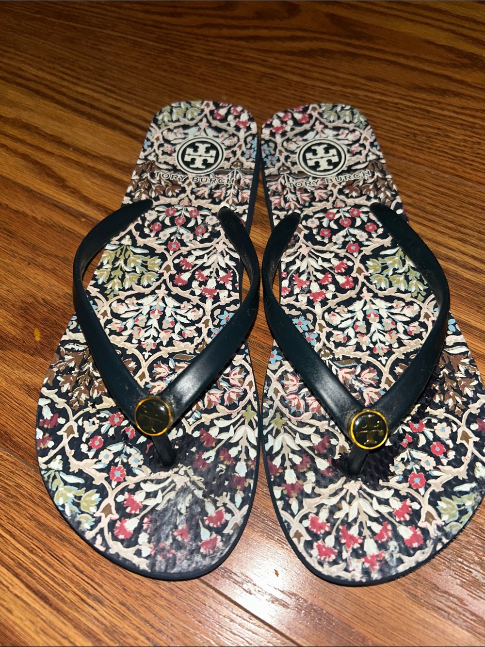 Tory Burch Flip Flop Sandals Women 8 M Shoes Black Floral Thong Slip On Comfort